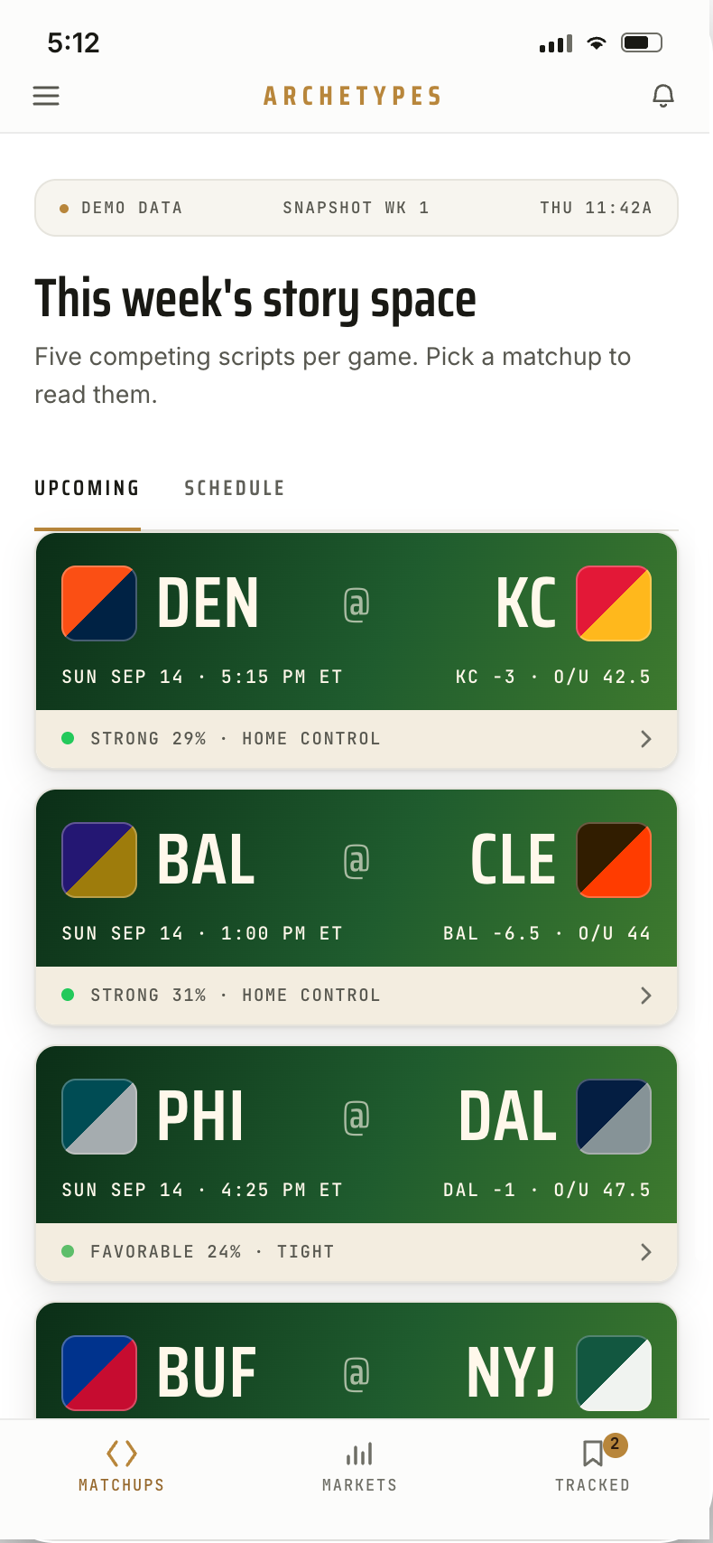 Archetypes matchups screen listing this week's NFL games