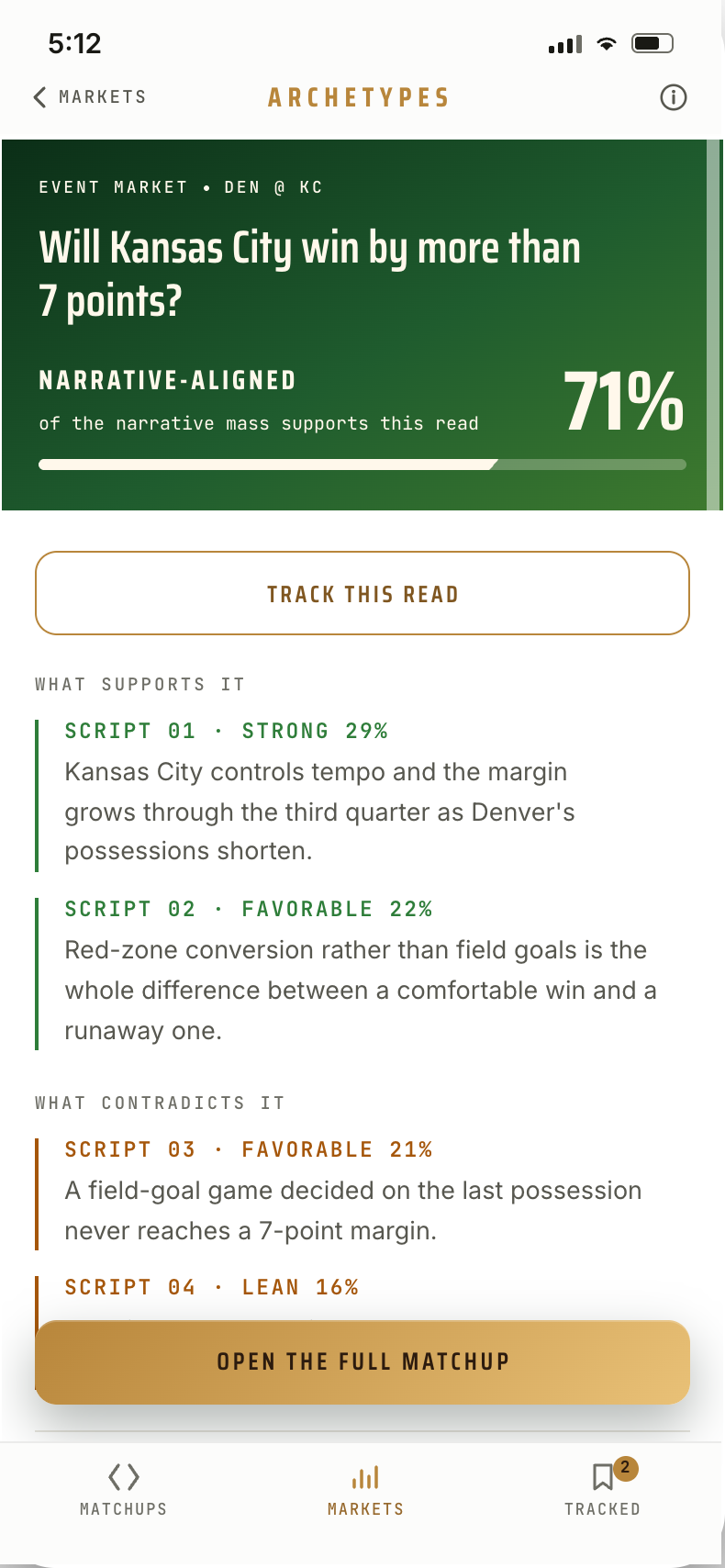 Verdict screen showing narrative support for a single market